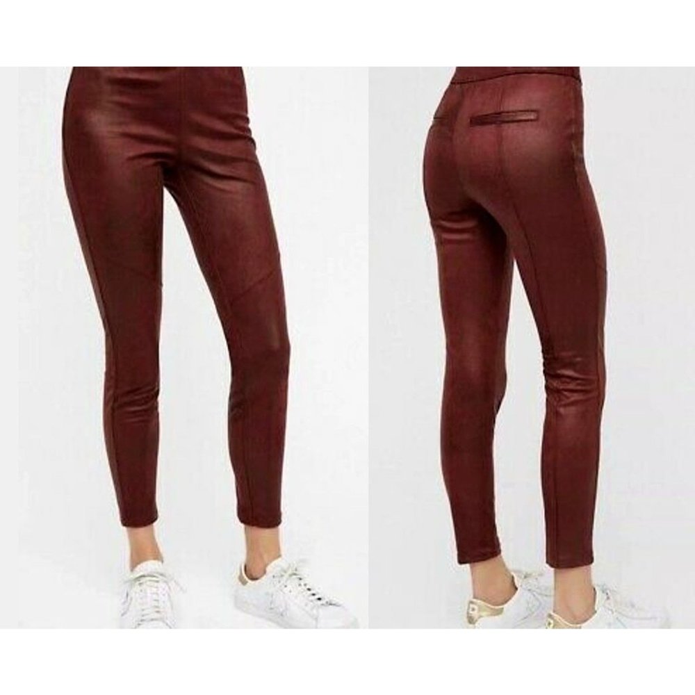 Free People Faux Suede Leather Pull-On Skinny Pants, Burgundy Women's Size 26 - Picture 3 of 15